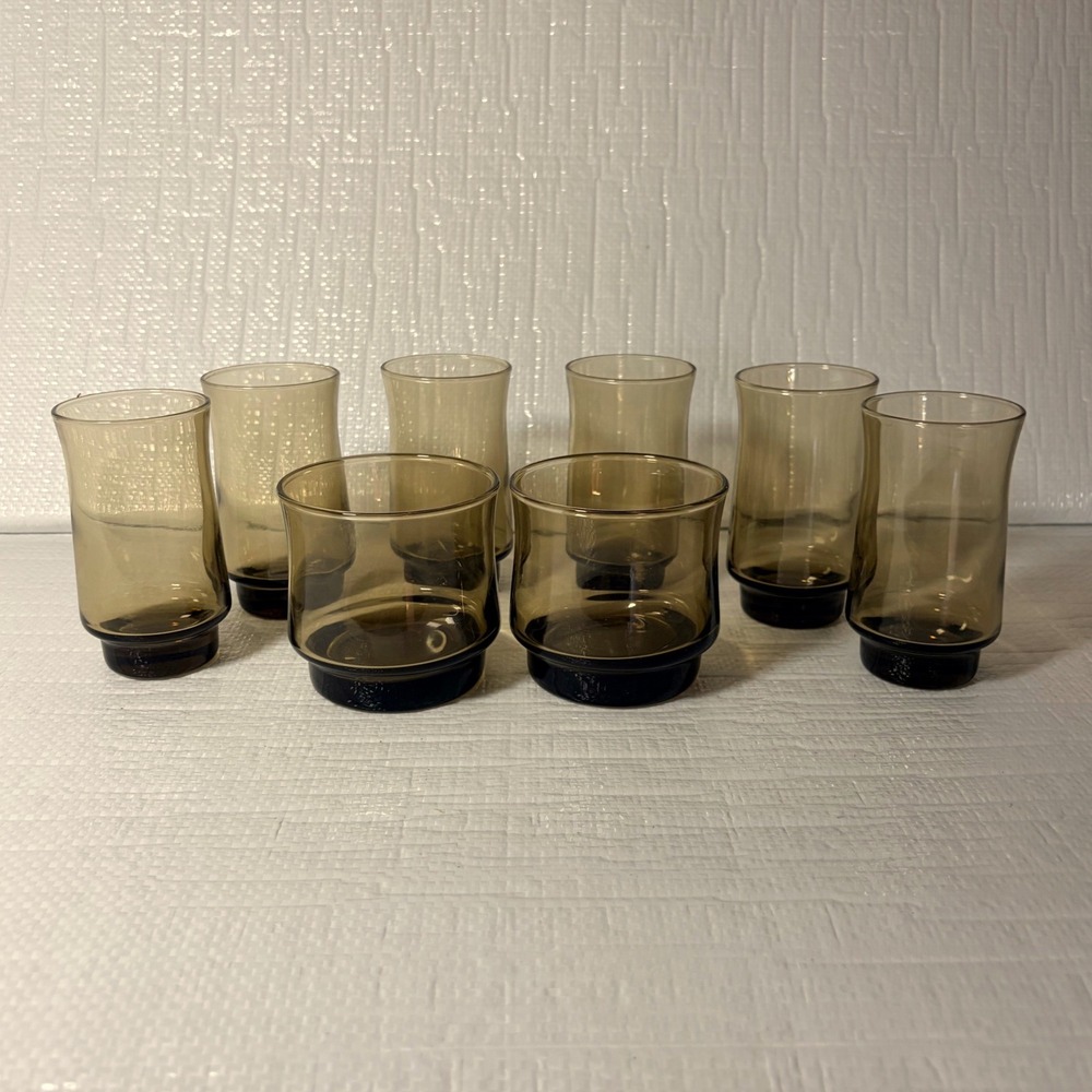 Vintage Libbey Tawny Accent Glass Set 8pc Smoky Brown MCM Stackable
